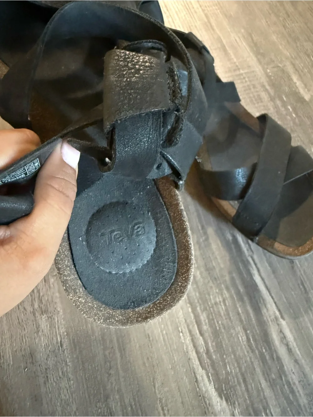 Teva Mahonia Black Leather Wedge Cross Strap Sandals